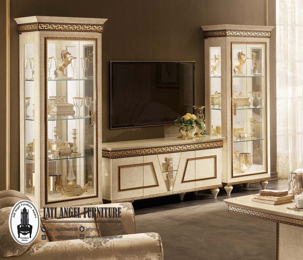Bufet Tv Mewah Fantasia Ukir Full Kaca | Furniture Jepara | Classic Living Room Tv Sideboard Jepara BF TV – JAF 029