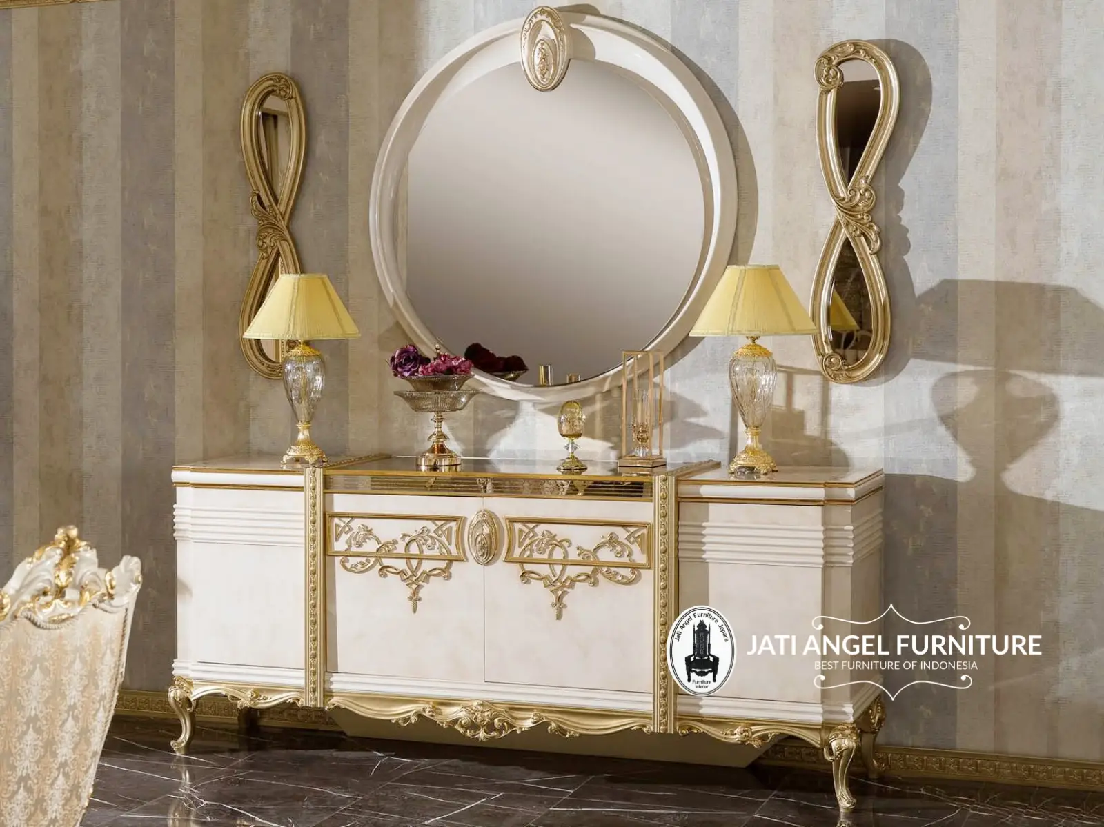 Design Bufet Cermin Klasik Hias Ruang Tamu White Gold