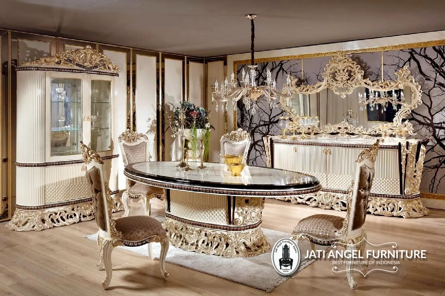 Model Meja Makan Mewah Oval Ukiran Relief Jepara