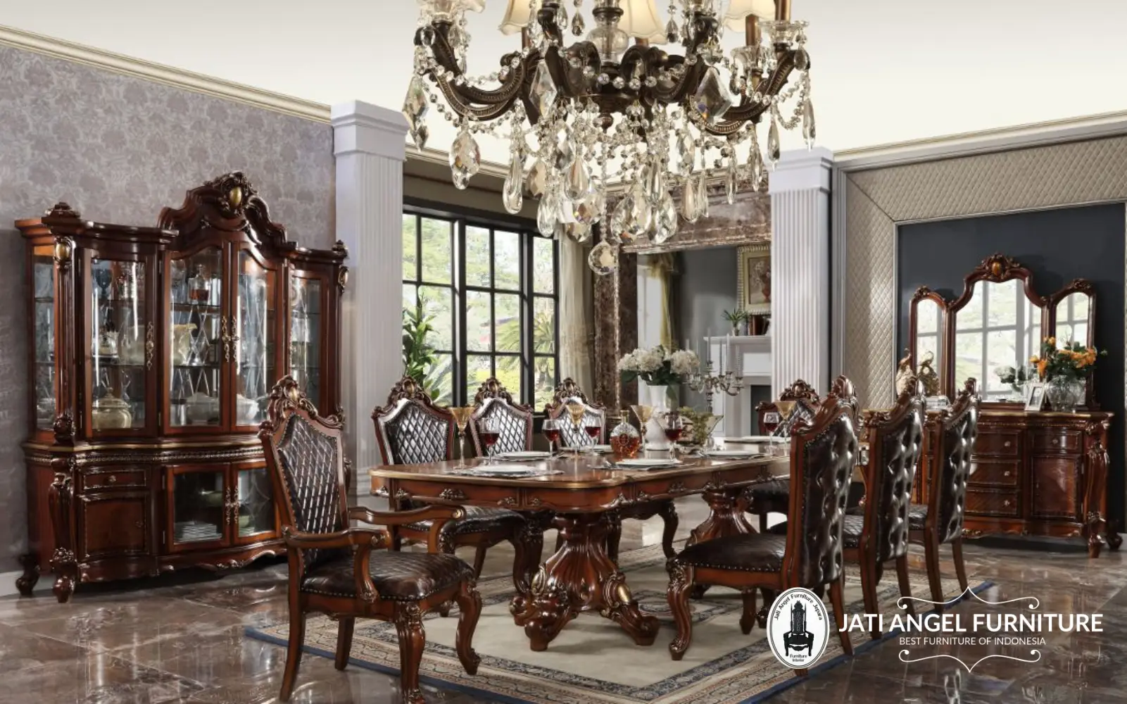 Meja Makan Jati Klasik Dining Set Mewah Jepara