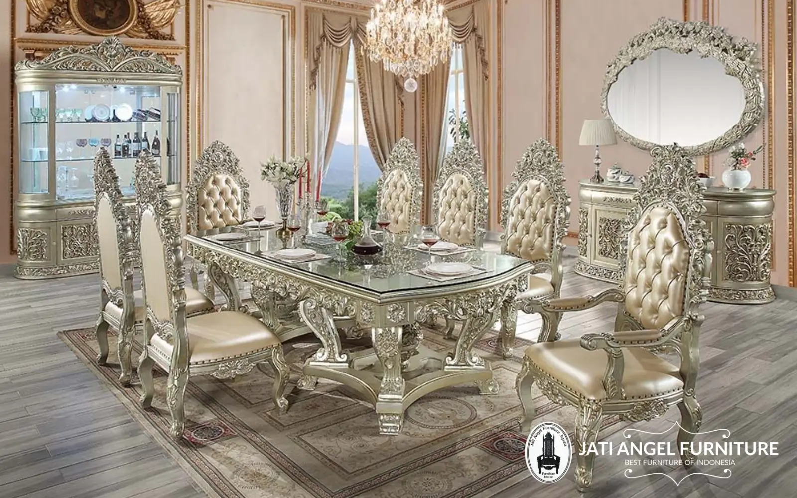 Meja Makan Klasik Mewah Antique Gold Finish