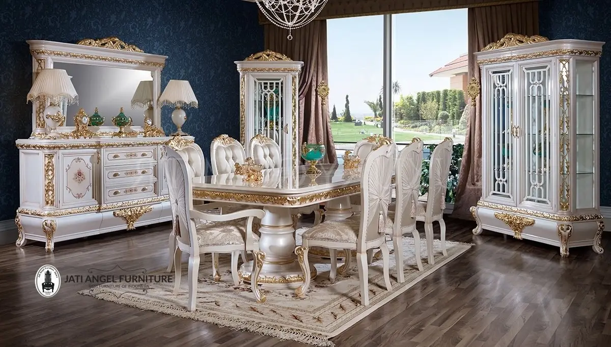 Meja Makan Mewah Putih Mutiara Efrossa Klasik Modern Terbaru