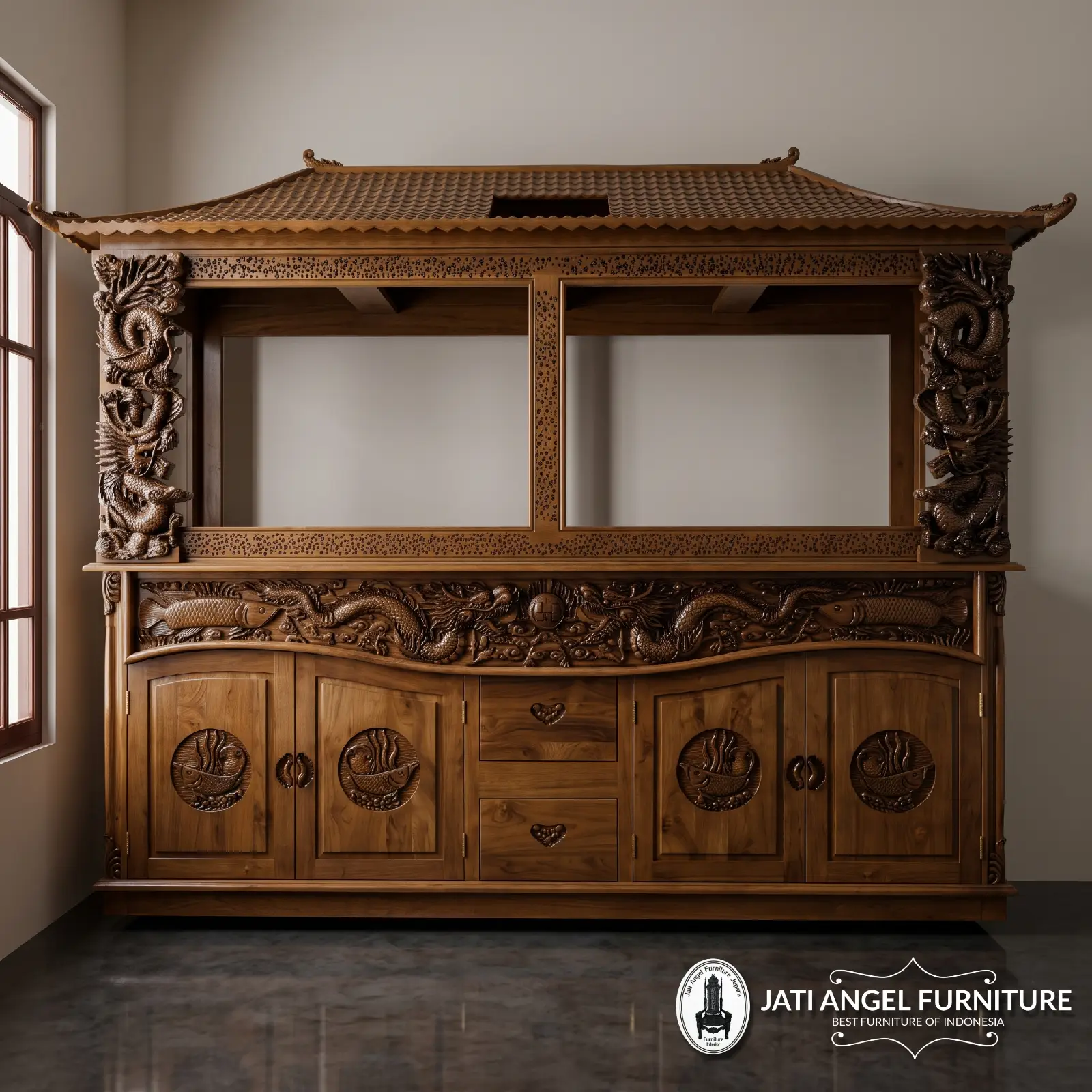 Lemari Aquarium Ukiran Mewah Jati Klasik Jepara Produksi Jati Angel Furniture Jepara