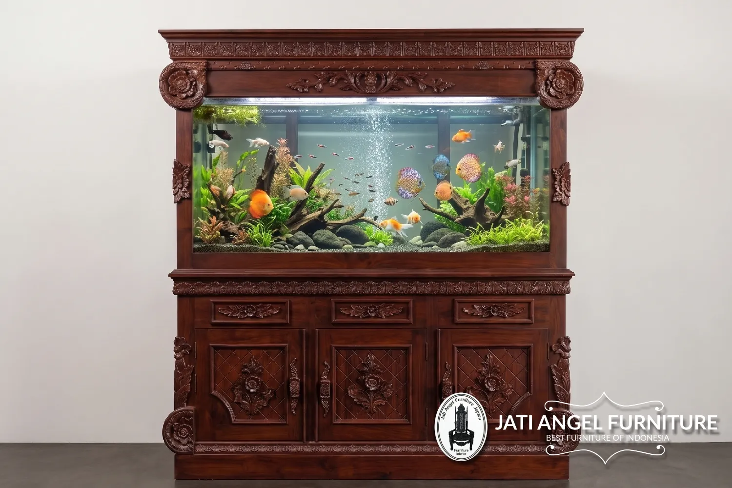 Meja Aquarium Kayu Ukiran Jati Jepara