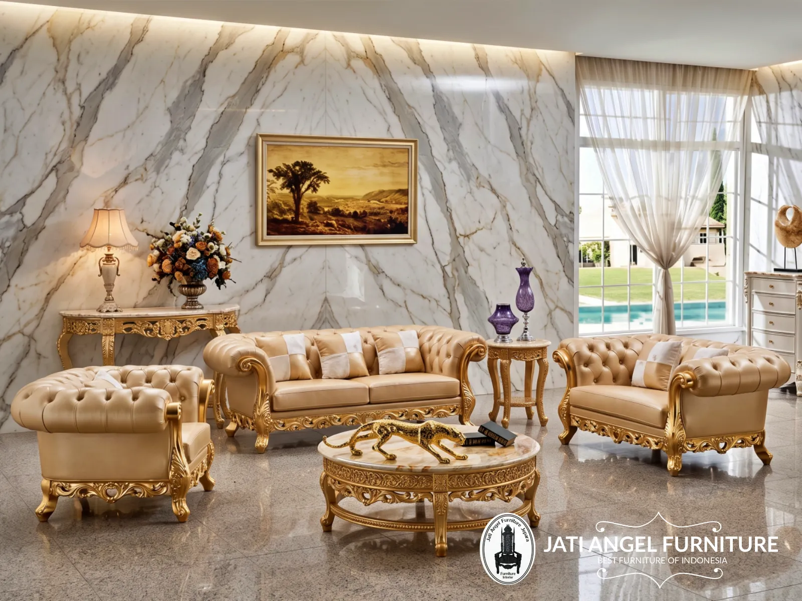 Sofa Tamu Chesterfield Mewah Klasik Ukir Jepara